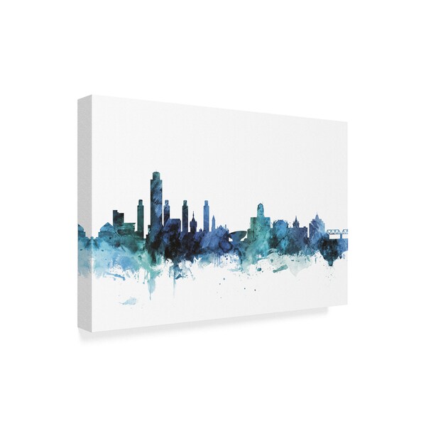 Michael Tompsett 'Albany New York Blue Teal Skyline' Canvas Art,30x47